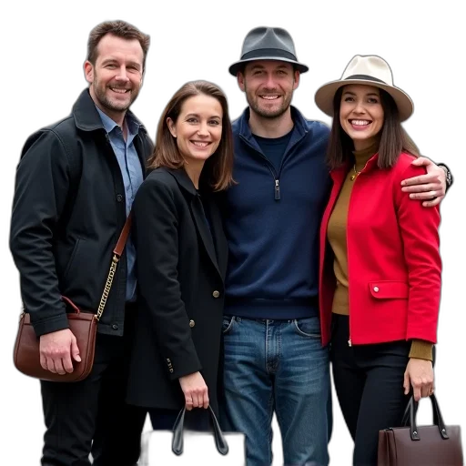 hat, jacket, staff, group, four, people, standing, together transparent PNG cut-out