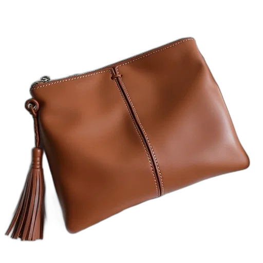 staff, earth tones, brown, leather, purse, tassel, detail, placed transparent PNG cut-out