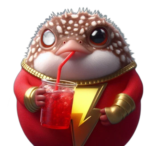 food, concept art, 3d render, comic book art, anthropomorphic, pufferfish, red, suit transparent PNG cut-out