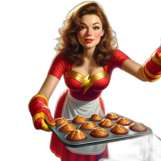 comic book art, concept art, photorealistic, woman, red, gold, pulls, muffins transparent PNG cut-out