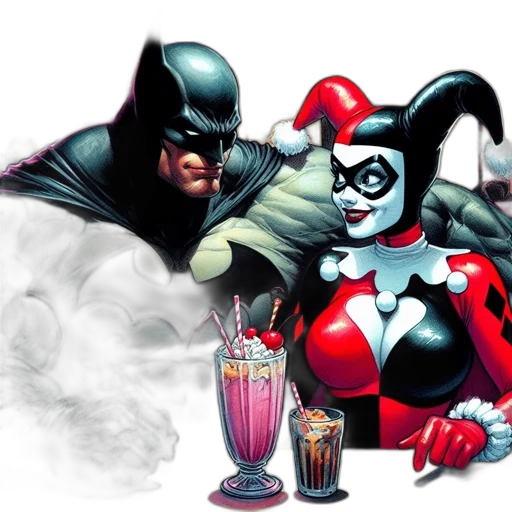 comic book art, concept art, batman, harley, quinn, sit, bar, looking transparent PNG cut-out