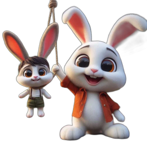 3d render, concept art, cartoon, two, bunnies, one, orange, green transparent PNG cut-out