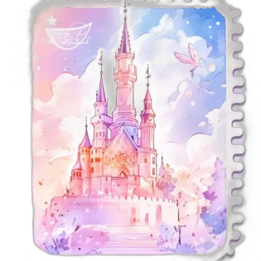 watercolor, concept art, vaporwave, fantasy art, pastel, postage, stamp, features transparent PNG cut-out