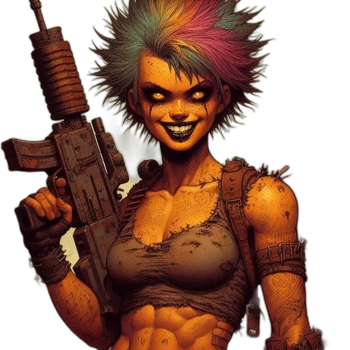 weapon, comic book art, cyberpunk, concept art, pixel art, unconventional, woman, vivid transparent PNG cut-out