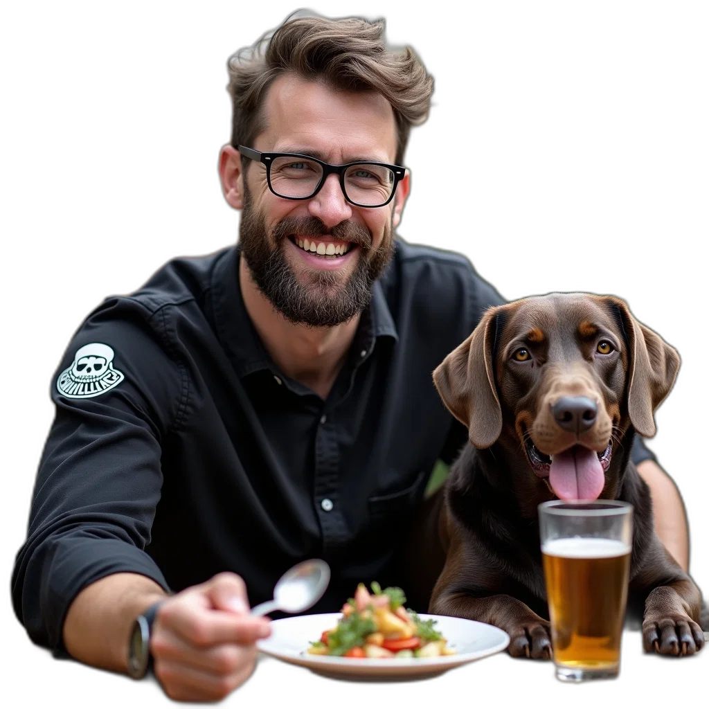 food, animal, man, glasses, beard, sitting, table, dog transparent PNG cut-out