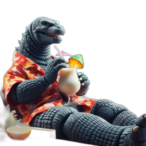 3d render, concept art, fire, anthropomorphic, dinosaur, relaxes, beach, sipping transparent PNG cut-out