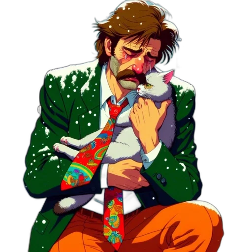 jacket, pixel art, concept art, comic book art, cartoon, man, mustache, disheveled transparent PNG cut-out