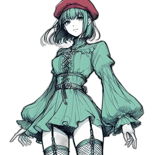 dress, hat, staff, jacket, concept art, watercolor, anime, fantasy art transparent PNG cut-out