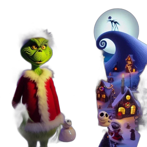 concept art, 3d render, outer space, wintry, scene, grinch-like, figure, wears transparent PNG cut-out