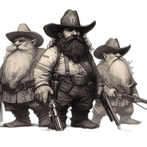 concept art, fantasy art, comic book art, photorealistic, three, gnome-like, figures, dressed transparent PNG cut-out