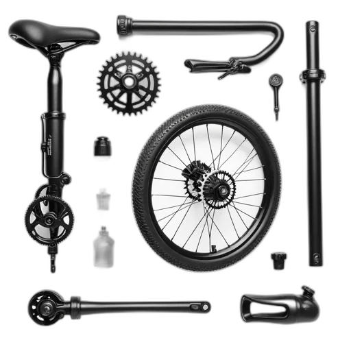 collection, various, bicycle, parts, neatly, arranged, white, background transparent PNG cut-out