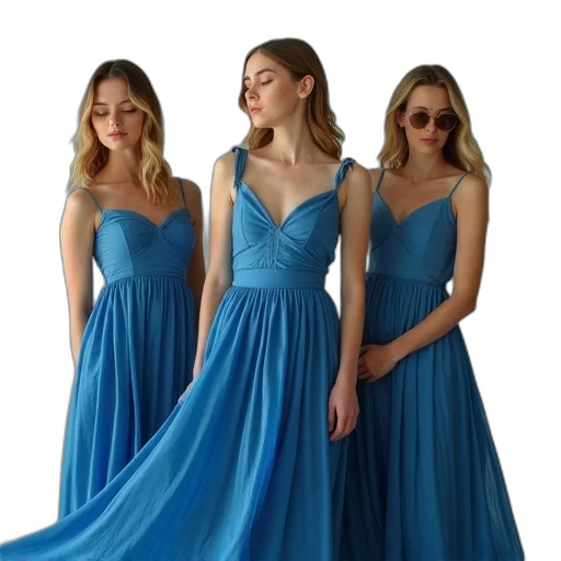 dress, 3d render, photorealistic, concept art, blue, group, women, wearing transparent PNG cut-out