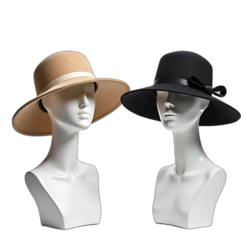 hat, jewelry, 3d render, earth tones, two, mannequin, heads, displayed transparent PNG cut-out