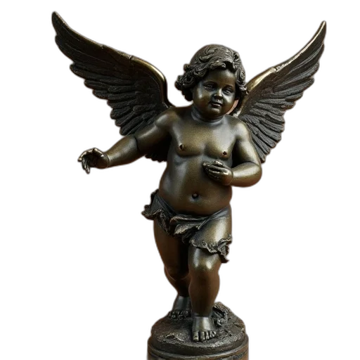 3d render, photorealistic, winged, cupid, bronze, finish, statue, light transparent PNG cut-out