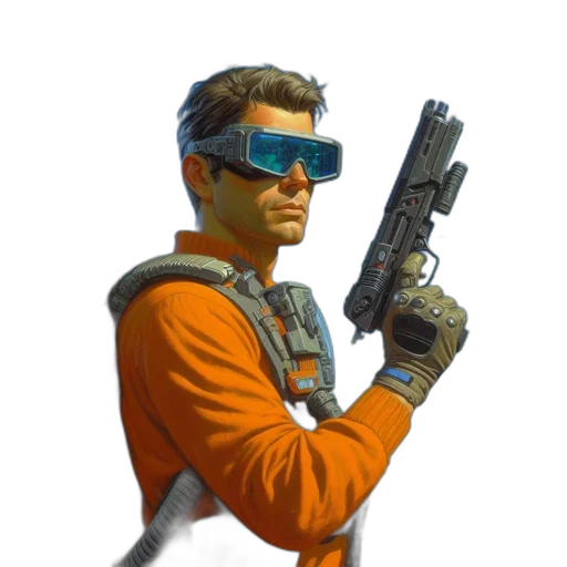 staff, weapon, jacket, robot, concept art, cyberpunk, pixel art, 3d render transparent PNG cut-out