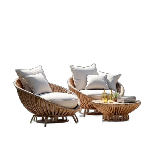furniture, 3d render, photorealistic, earth tones, outdoor, wicker, lounger, set transparent PNG cut-out