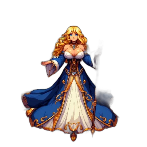 dress, crown, staff, fantasy art, concept art, pixel art, watercolor, blue transparent PNG cut-out