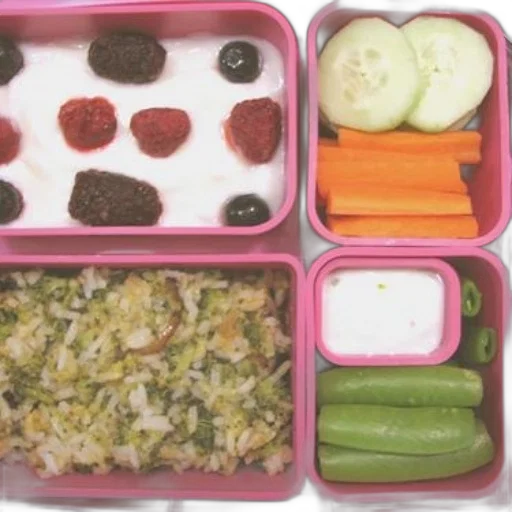 food, colorful, pink, bento, box, compartments, filled, rice transparent PNG cut-out
