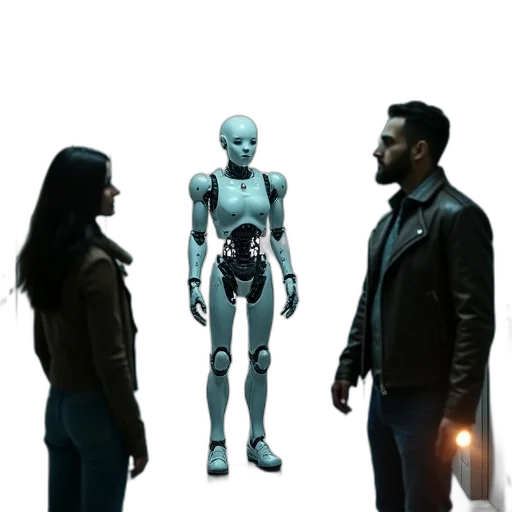 robot, concept art, 3d render, comic book art, cyberpunk, outer space, futuristic, corridor transparent PNG cut-out
