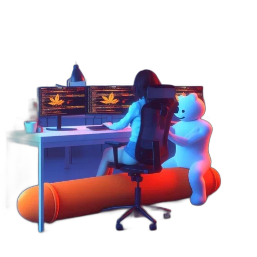 furniture, staff, robot, 3d render, concept art, vaporwave, pixel art, blue transparent PNG cut-out