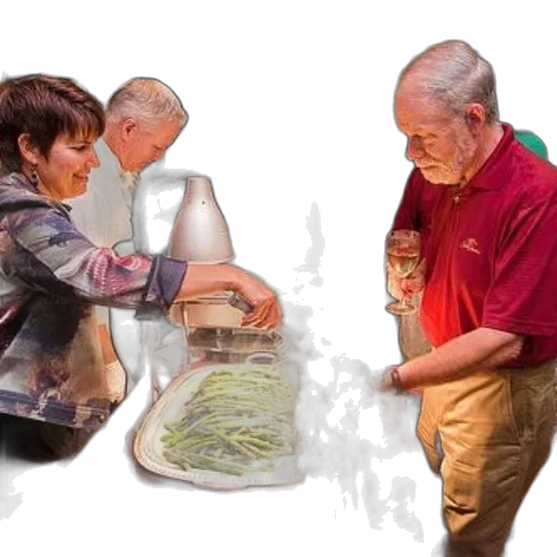 three, people, buffet, table, tray, asparagus, vase, flowers transparent PNG cut-out