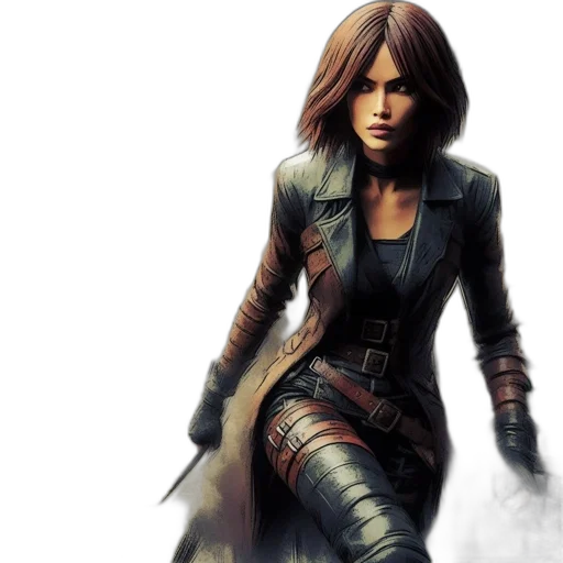 jacket, concept art, fantasy art, photorealistic, comic book art, woman, dark, outfit transparent PNG cut-out