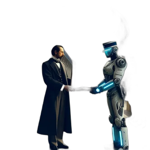 robot, concept art, cyberpunk, 3d render, vaporwave, fire, outer space, fog transparent PNG cut-out