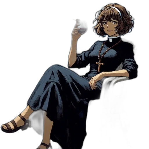 dress, staff, concept art, anime, pixel art, comic book art, monochrome, nun-like transparent PNG cut-out