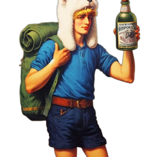 bottle, hat, jacket, animal, concept art, pixel art, photorealistic, oil painting transparent PNG cut-out