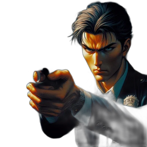 weapon, jacket, face, concept art, comic book art, photorealistic, pixel art, blue transparent PNG cut-out