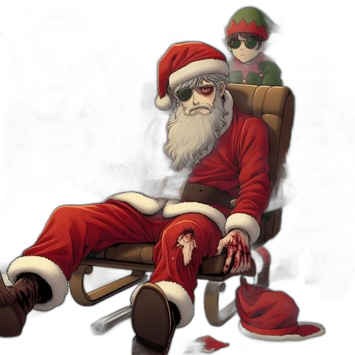 concept art, night, santa, claus, wounded, armed, flanked, four transparent PNG cut-out
