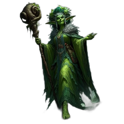 staff, creature, fantasy art, concept art, green, green-skinned, woman, flowing transparent PNG cut-out