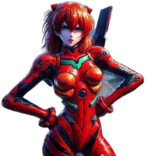 robot, weapon, concept art, comic book art, cyberpunk, pixel art, red, red-haired transparent PNG cut-out
