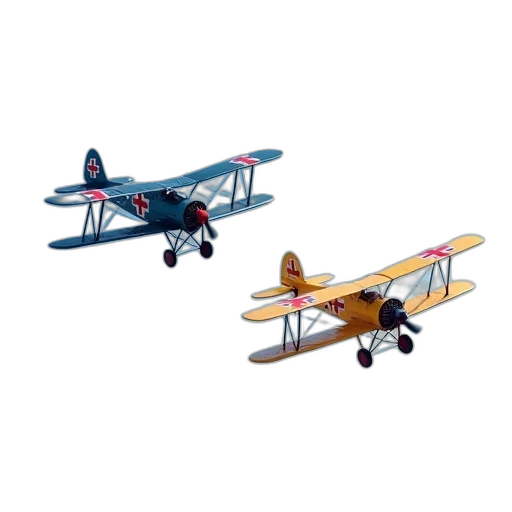 3d render, concept art, two, vintage, biplanes, flying, sky, first transparent PNG cut-out