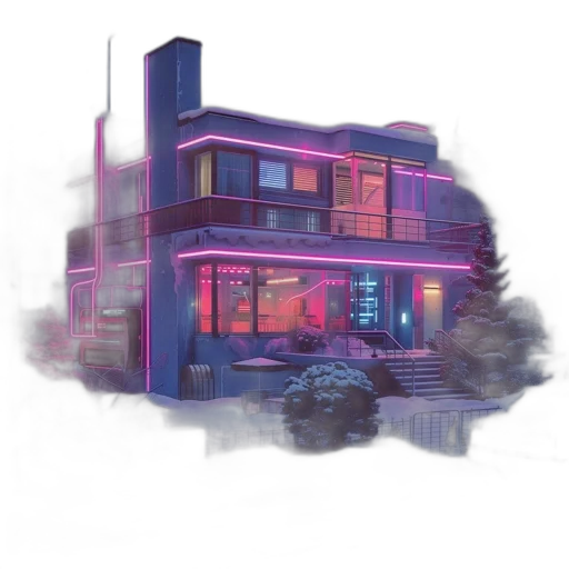 building, car, furniture, concept art, cyberpunk, vaporwave, 3d render, neon lights transparent PNG cut-out