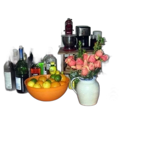 bottle, photorealistic, 3d render, wooden, table, bowl, oranges, limes transparent PNG cut-out