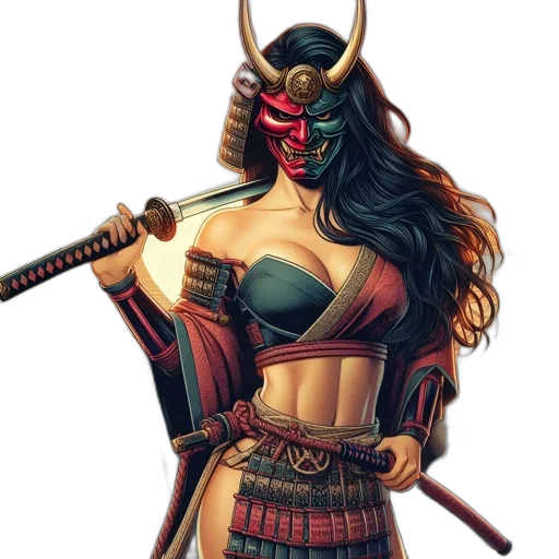 mask, fantasy art, comic book art, concept art, pixel art, woman, kimono, wields transparent PNG cut-out