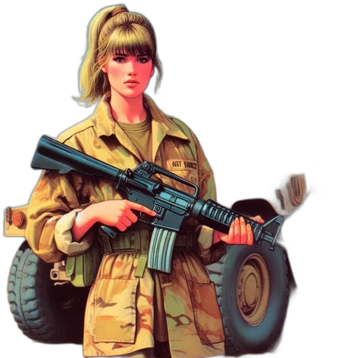 weapon, jacket, concept art, comic book art, pixel art, photorealistic, woman, military transparent PNG cut-out