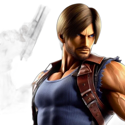 concept art, photorealistic, animated, figure, muscular, build, holds, gun transparent PNG cut-out
