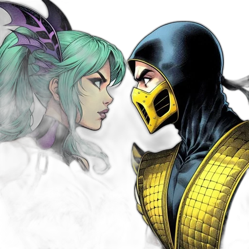 mask, comic book art, concept art, fantasy art, anime, two, characters, female transparent PNG cut-out