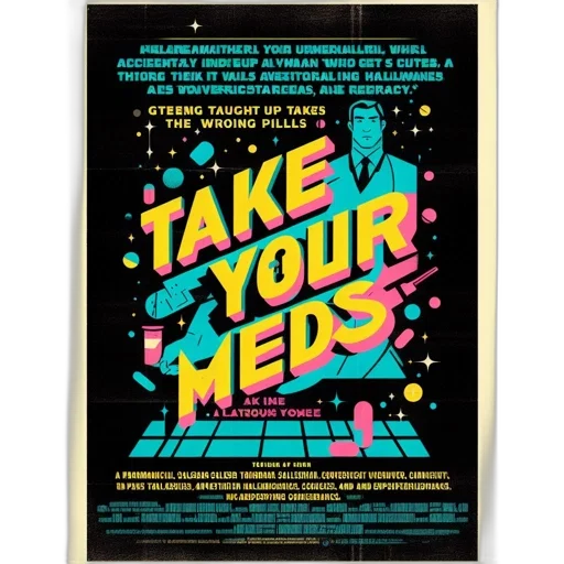 neon lights, vibrant, retro, film, poster, take, meds, emphasizes transparent PNG cut-out