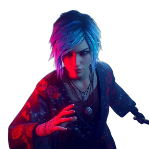 jacket, face, weapon, staff, cyberpunk, concept art, photorealistic, fantasy art transparent PNG cut-out