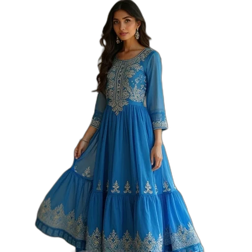 dress, blue, colored, embroidered transparent PNG cut-out