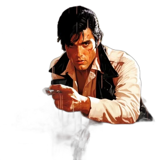 jacket, weapon, comic book art, concept art, photorealistic, pixel art, rain, man transparent PNG cut-out
