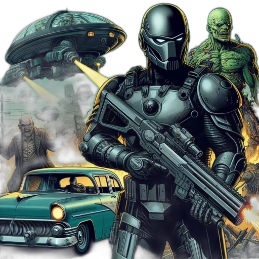 comic book art, concept art, fantasy art, outer space, green, robotic, figure, gun transparent PNG cut-out