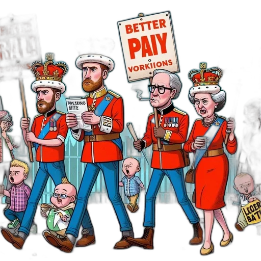 concept art, cartoon, ironic, scene, shows, royal, figures, parading transparent PNG cut-out
