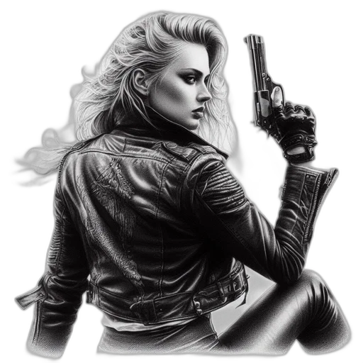 jacket, weapon, comic book art, cyberpunk, concept art, photorealistic, illustrated, portrait transparent PNG cut-out