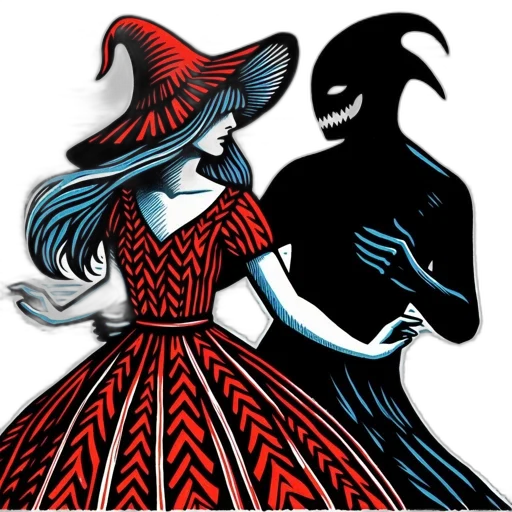 dress, mask, hat, red, dark, illustrated, scene, features transparent PNG cut-out