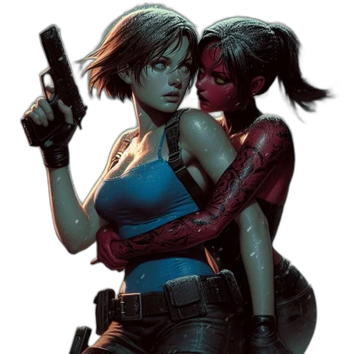 weapon, comic book art, concept art, cyberpunk, red, two, women, urban transparent PNG cut-out