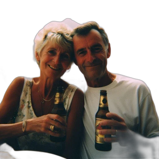 bottle, crown, umbrella, photorealistic, 3d render, elderly, couple, relishes transparent PNG cut-out